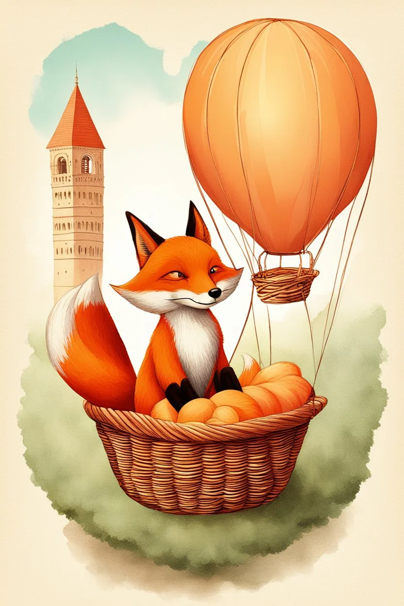 Color illustration of a ultra photo realistic happy red fox sitting "inside" a detailed wicker basket which is hanging below a perfect round orange colored hot air ballon nothing should be hanging from the basket, full image of hot air ballon, every element; fox, wicker basket, ballon should be in proportion to one another, in the background you can see the leaning tower of Piza