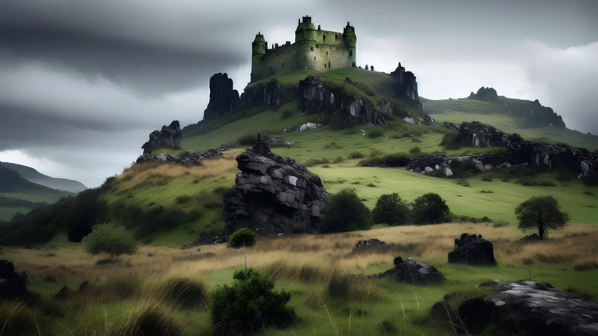 gloomy castle in the rocky fields