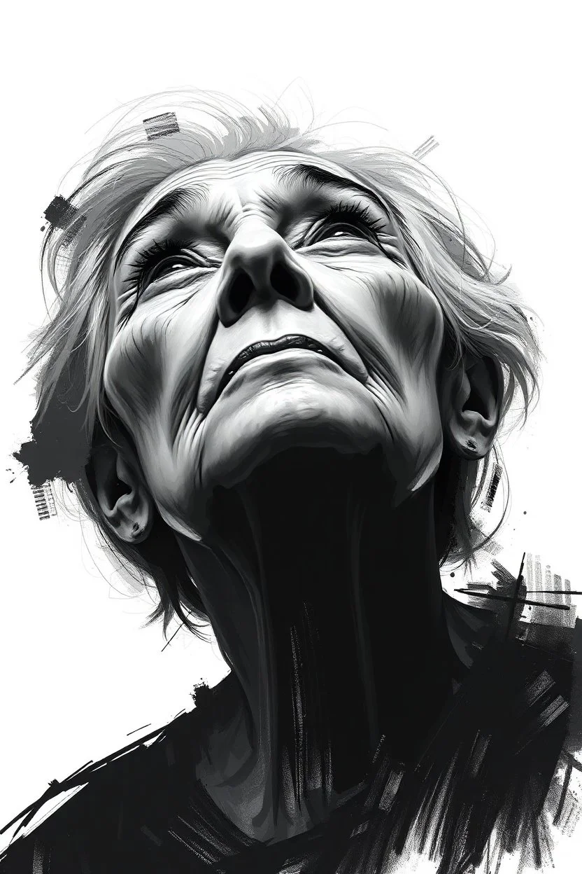 A surreal digital painting of an old woman's face abstract black and white brushstrokes and pixelated glitches. Her eyes looking up , looks sad as if lost in a dream or transcending reality. The background is minimalist, emphasizing the contrast . High-detail, high-resolution, monochrome with soft lighting and dramatic contrast.