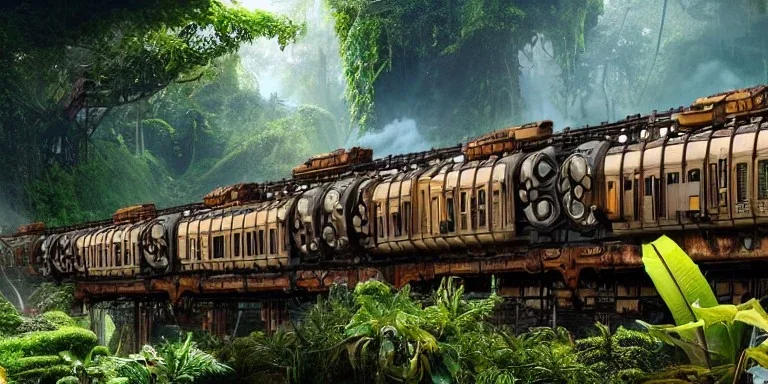 steampunk derelict trains stacked on top of each other in the jungle, covered with vines, plants, cogs, gears; epic lighting, cinematic, brilliant, stunning, intricate, meticulously detailed, dramatic, atmospheric, maximalist, digital matte painting, mysterious, ominous, crepuscule, sharp focus, Moebius, golden hours