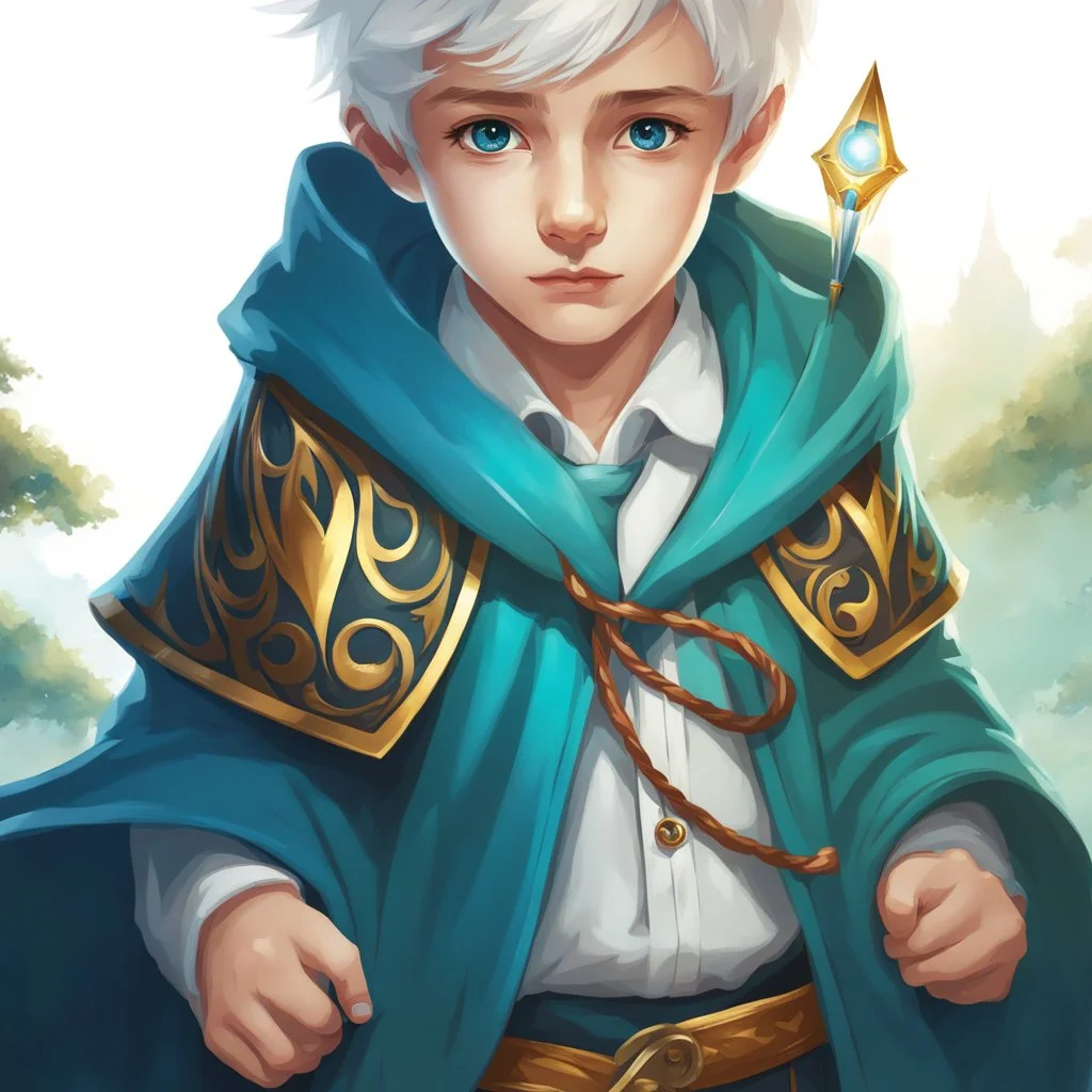 Fantasy World, A boy only wearing a wizards robe, and wearing a wizards hat. White Hair. Golden Eyes