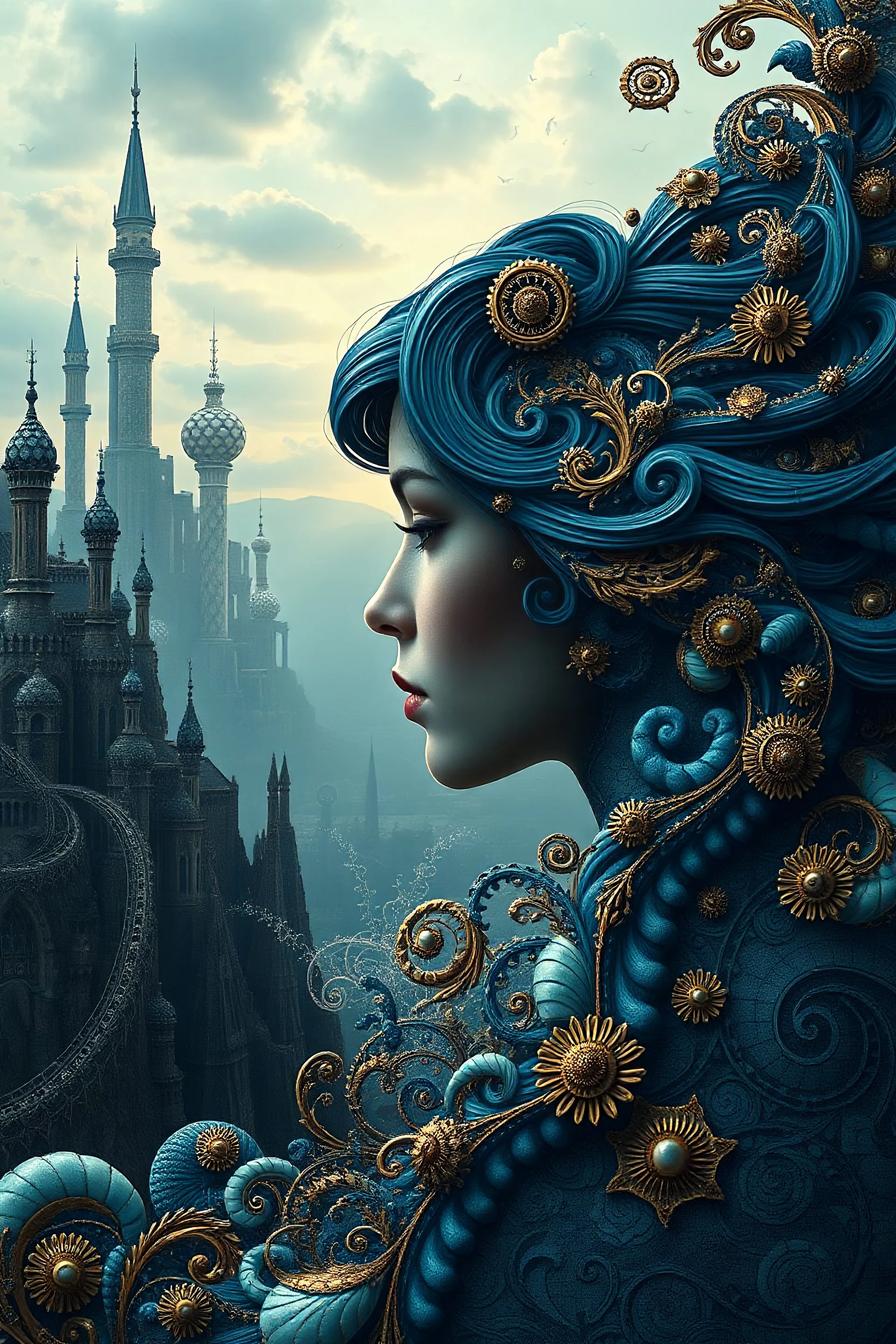 Prompt : A surreal, intricate composition featuring a profile of a woman whose hair blends seamlessly into a swirling, ornate pattern reminiscent of seashells and fractals. Rich shades of blue and gold dominate the image, creating a sense of depth. In the background, fantastical, towering structures rise against a softly lit sky, adding to the dreamlike quality of the scene.