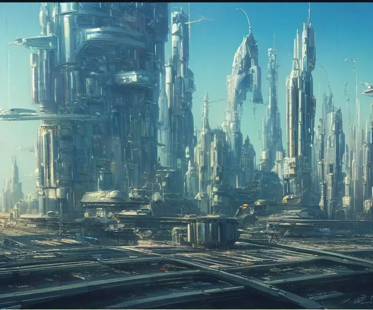 (A Spaceship is taking off:2),Space Center on a heavy industrialized planet with a futuristic city in the background, (retrofuturistic:2), art by John Berkey, buildings with glass facades, brutalist architecture, insanely detailed, vibrant, 8k uhd, cinematic atmosphere, ultra-wide angle, street level view, brush strokes, blue sky with clouds, dramatic sunset, sharp focus