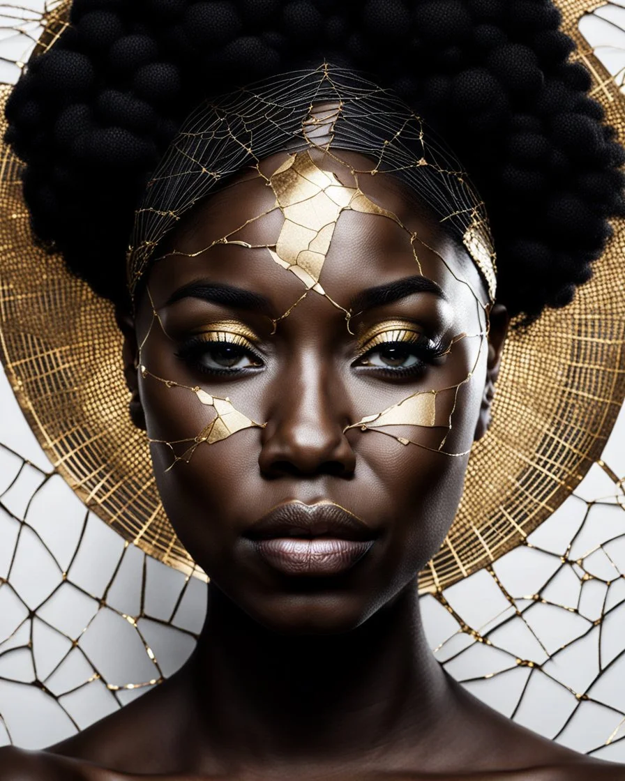 A beautiful black woman's face made with kintsugi seams