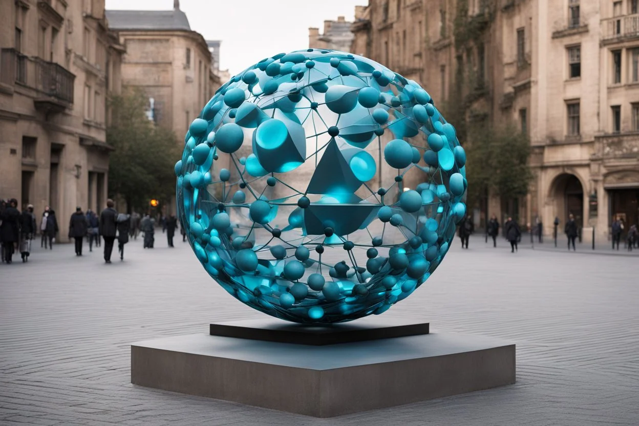 статуя на улице, Шар как атом/молекула: Сделать поверхность шара похожей на модель атома или молекулы, используя геометрические формы, светящиеся элементы или проекцию. . Для этого можно использовать различные геометрические формы, такие как круги, треугольники, шестиугольники и т. д., чтобы создать абстрактное изображение структуры атома или молекулы. Кроме того, возможно использование светящихся элементов, чтобы придать статуе особую магическую атмосферу и привлечь внимание прохожих ночью.