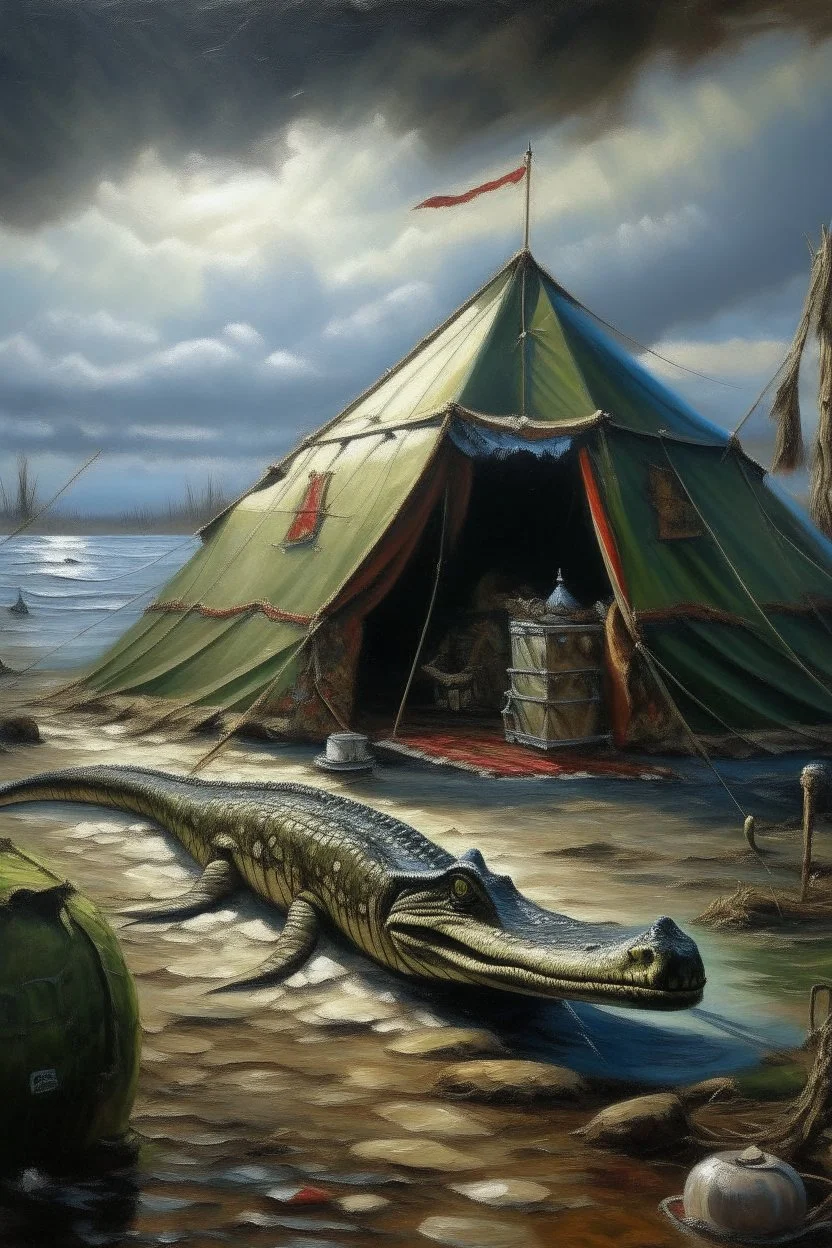 crocodile rocket living in a tent in the arctic, prize winning oil painting