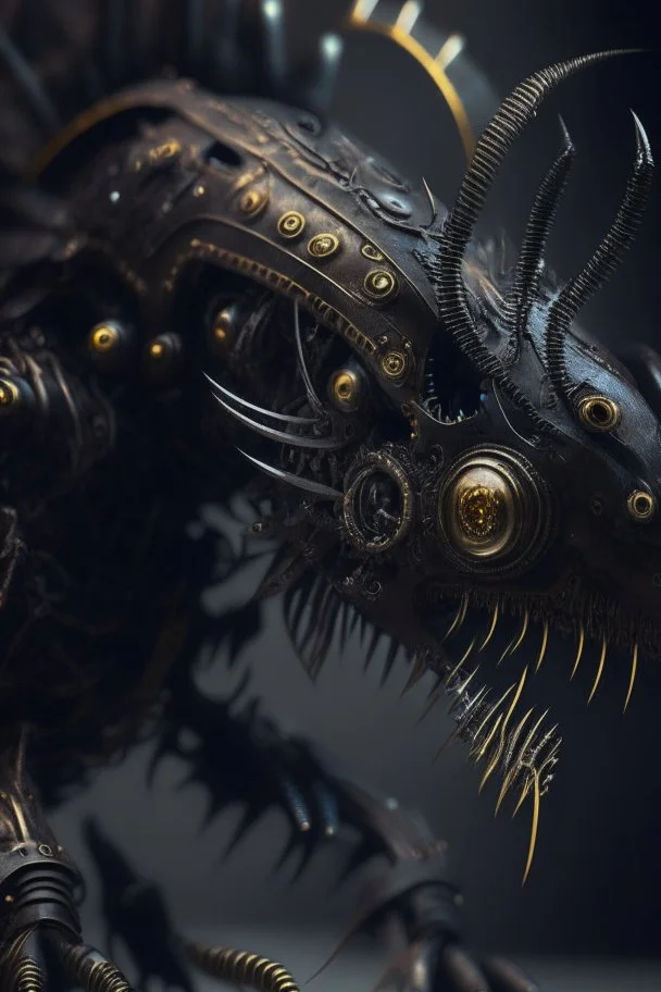 Mechanism creature,hyperrealism, masterpiece, expert, 8K, dramatic lighting, sharp focus, dark, black, steampunk