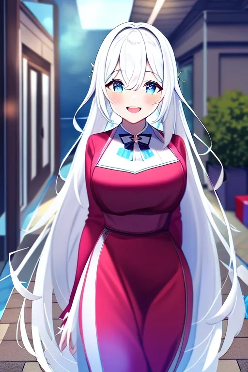 girl, masterpiece, best quality, cinematic lighting, detailed outfit, vibrant colors, perfect eyes, white hair, very long hair, blue eyes, valentine gift, sidewalk, under tree, laughing, sparkle, depth of field, indoors, god rays, glowing light, ray tracing,