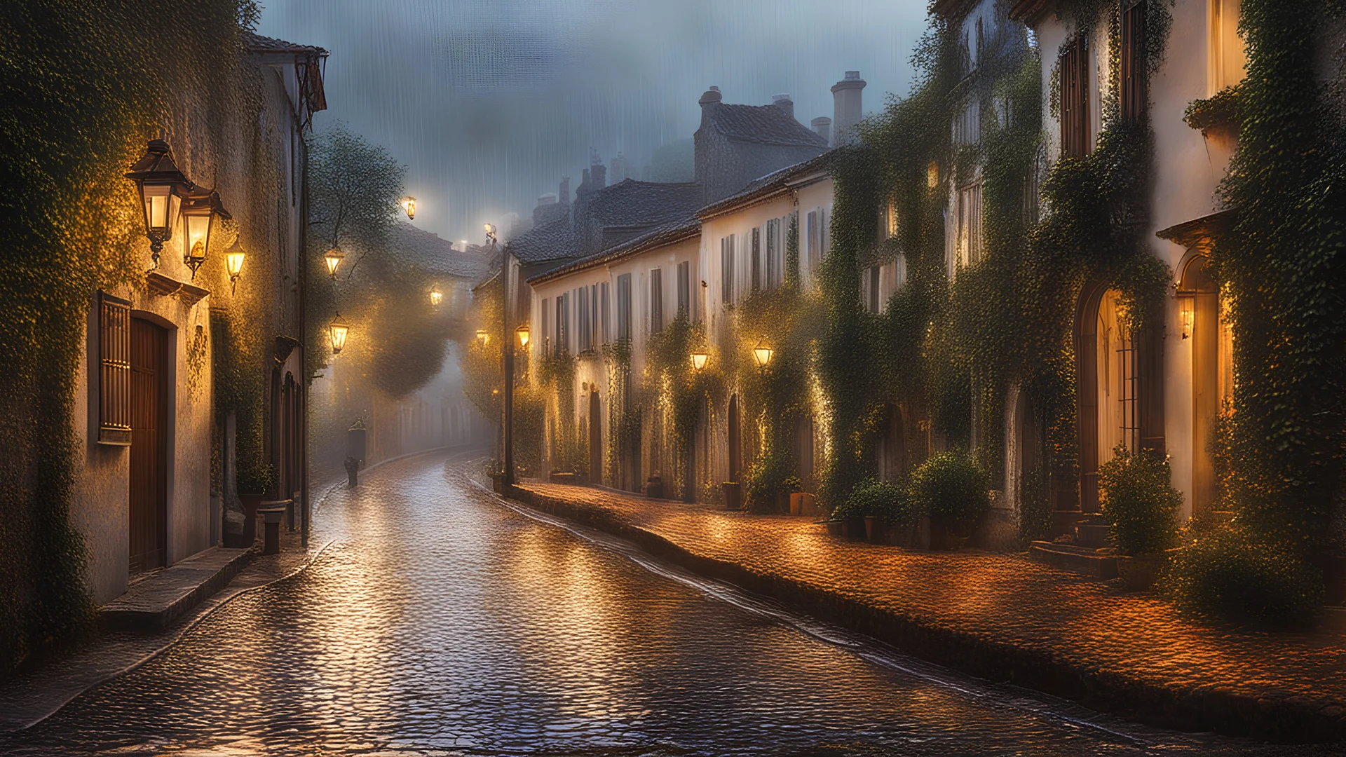 A rain-soaked cobbled street, in a picturesque сity, lights in the windows, trees along the street, very subdued light meticulously detailed, hyperrealistic. Depth of field, distant mist, elegant fantasy attractive beautiful fantastic view crisp fantastic view SALVADOR DALI atmosphere mood picturesque rain sunset village intricate very attractive dramatic attractive, evening time, late autumn, wet brush effect, intricate, intricate painting by Guido Borelli da Caluso, Ferdinand Knab, Ernst Haeck