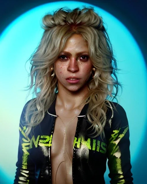 portrait, Shakira, blonde artist, angry, Realistic image, MMA robe, hoodie, mma gloves, band aid, loose long hair, eyes make up, line gold make up, glow, circle iris. moisture sweat, fog, Neon colors, leds. Dark background, photo studio, concept art, smooth, unreal engine 5, god lights, ray tracing, RTX, lumen lighting, ultra detail, volumetric lighting, 3d, finely drawn, high definition, 4k.