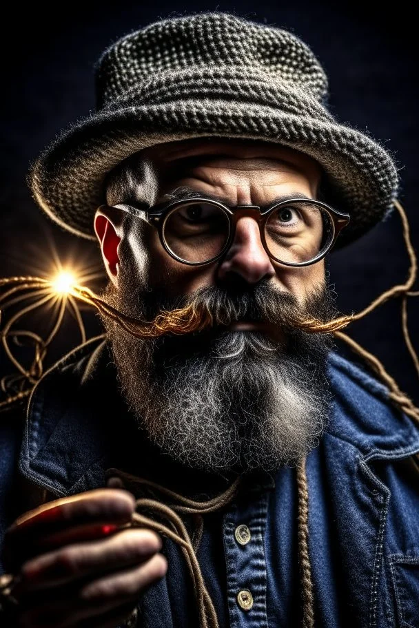 Man with a wire in his hand, hardrocker, glasses, hat, little beard, firestarter