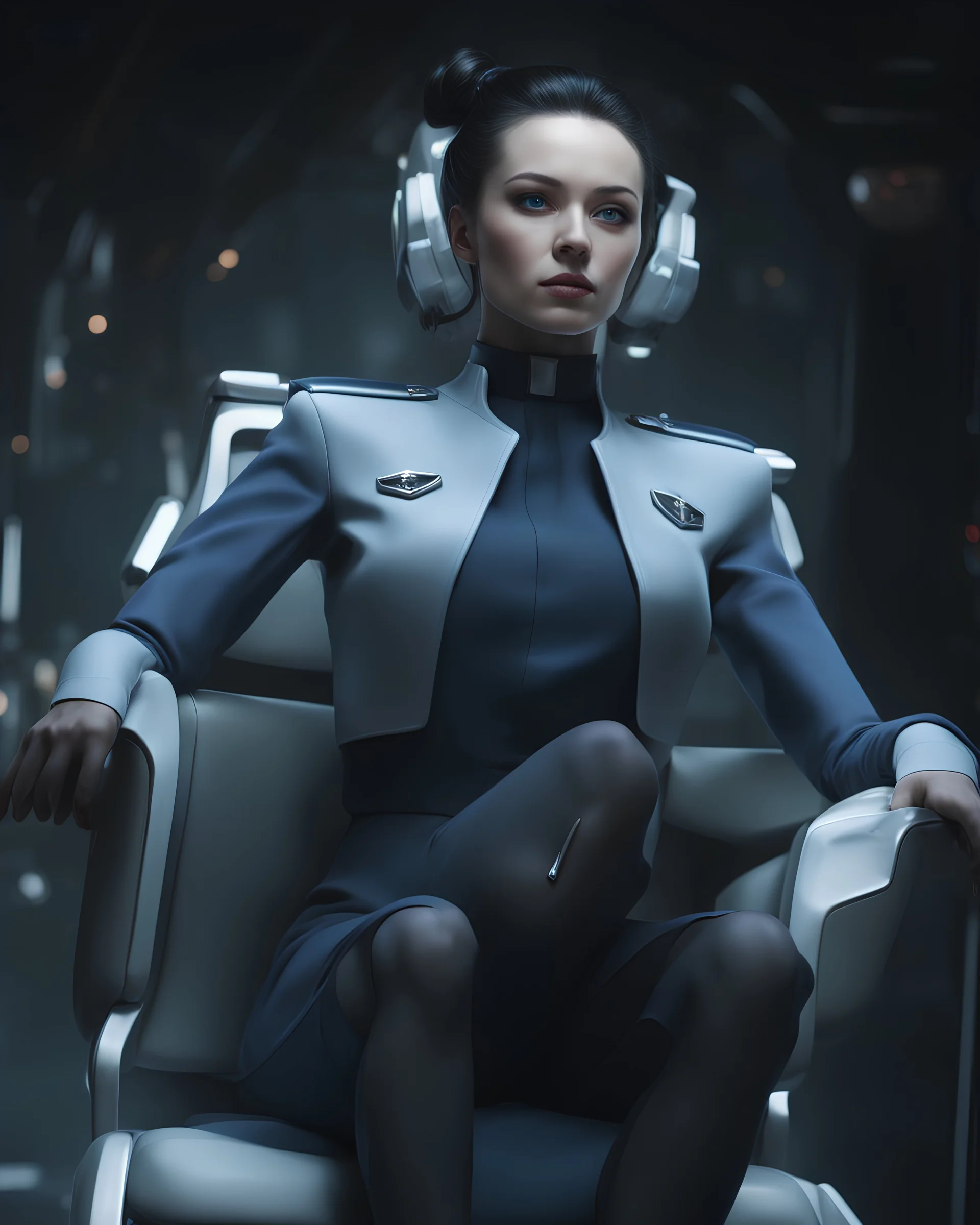 pale beautiful female, dark bun hair, wearing high tech blue navy officer outfit with skirt, sitting on high tech scifi chair, photorealistic, bokeh, both arm resting on the chair