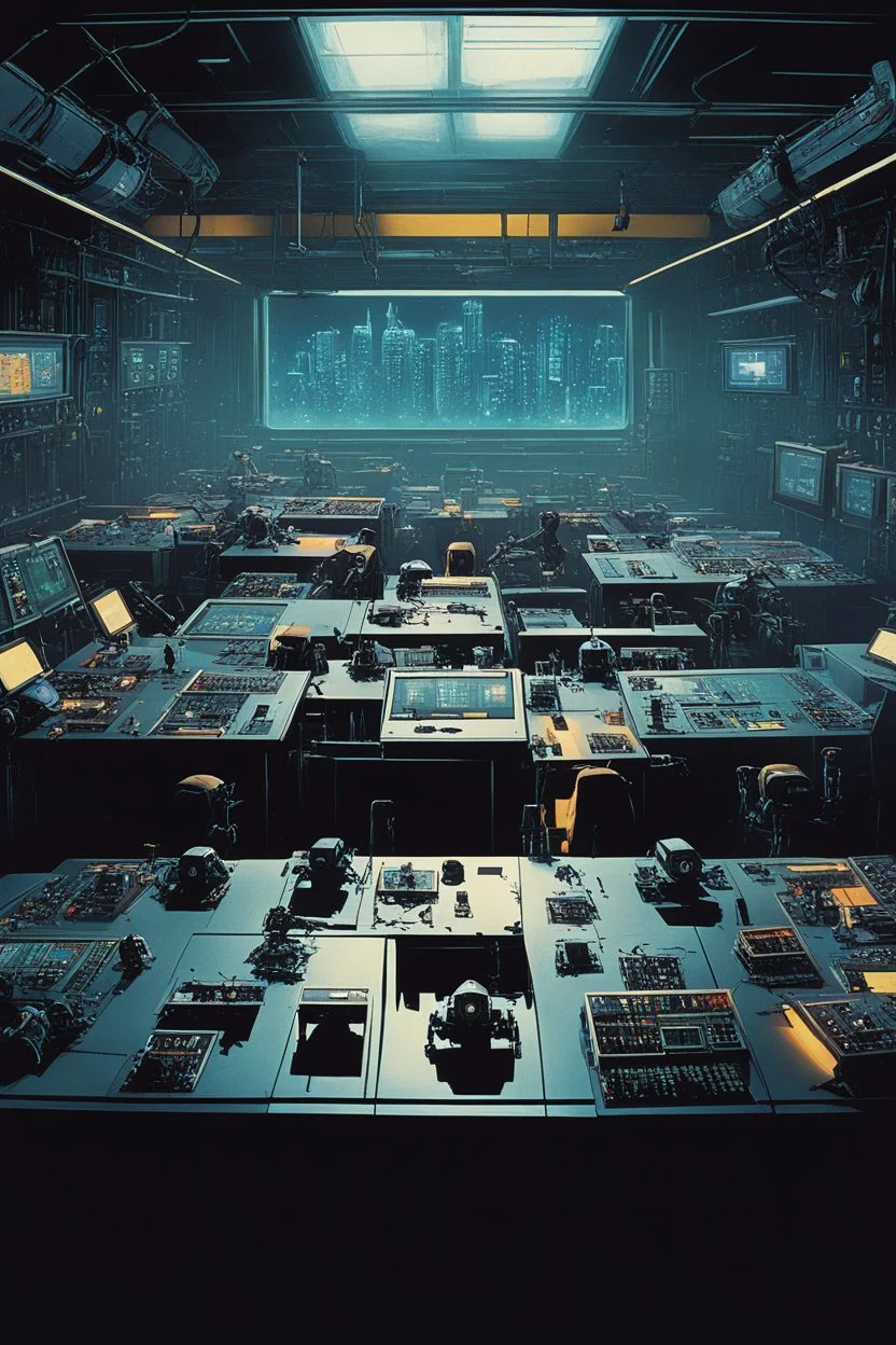 [Blade Runner (1982) style, view from above] a robot teacher in a classroom with a lot of different student robots. The main robot distribute work amongst smaller robots and computers in the factory. there is electricity in the air, the main robot coordinates other robots