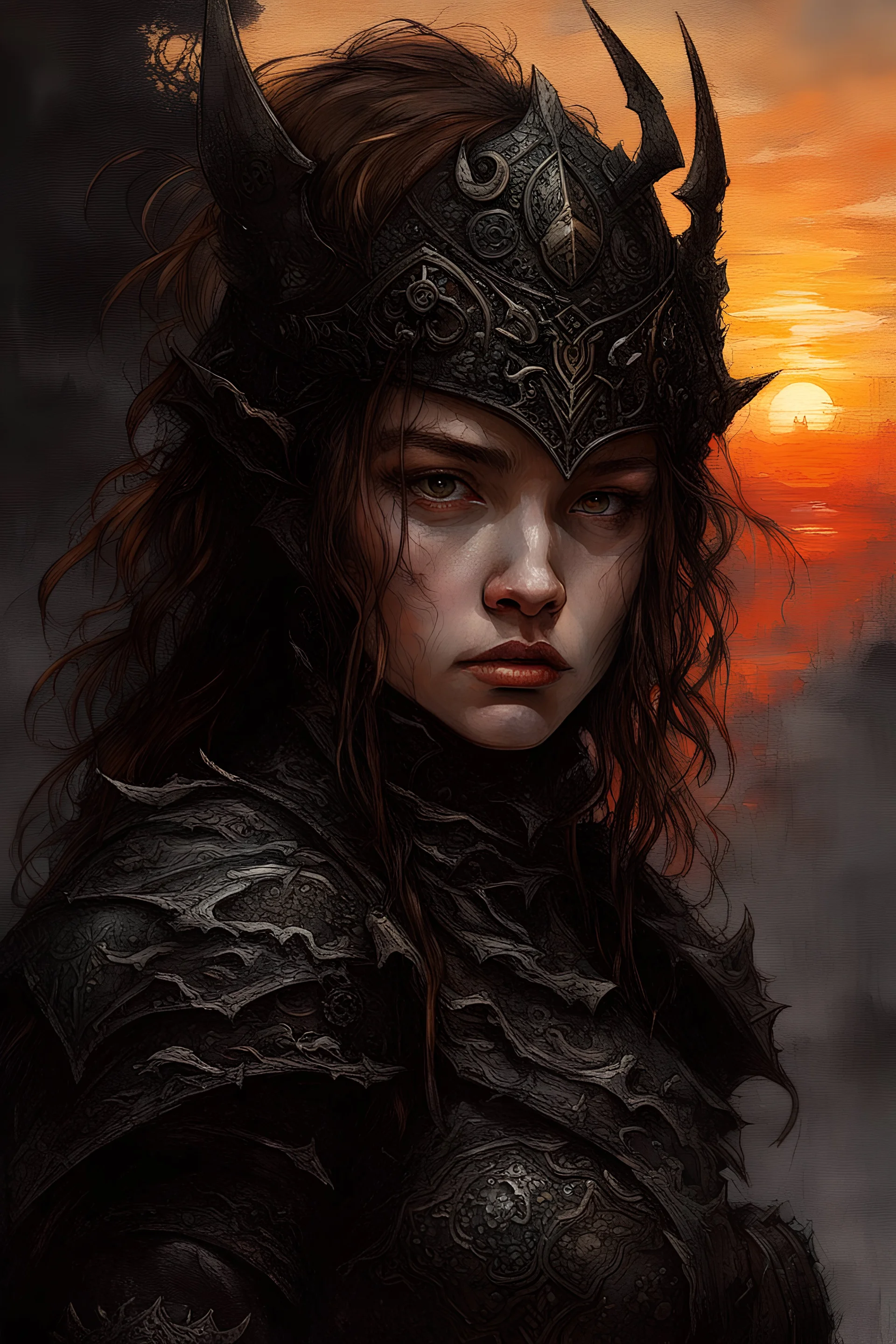 A formidable warrior girl in black armor, on the background Amazing gloomy landscape, flooded with sunset, mountains, trees, fabulous scary hero, , juicy emotions, painting, dark fantasy, gloomy day, dark world, portrait, Gothic Town At Night, Fantasy, Intricate Details, Castle Courtyard Gardens, Hyper Detailed, Jean Baptiste Monge, Carne Griffiths, Michael Garmash, Seb Mckinnon, Masterpiece