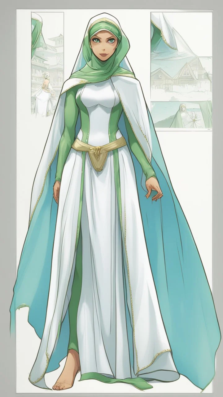 (Comic book art style), (Art Station style soap panel), full body view, full shot, front view, back view, character design, character sheet, woman wearing veil, light blue veil, green eyes, veil covering her chest and body Upper, with soft dress, strong highlights, sharp outlines, sharp shadows, 8K, high quality, solid white background, (cell shading).