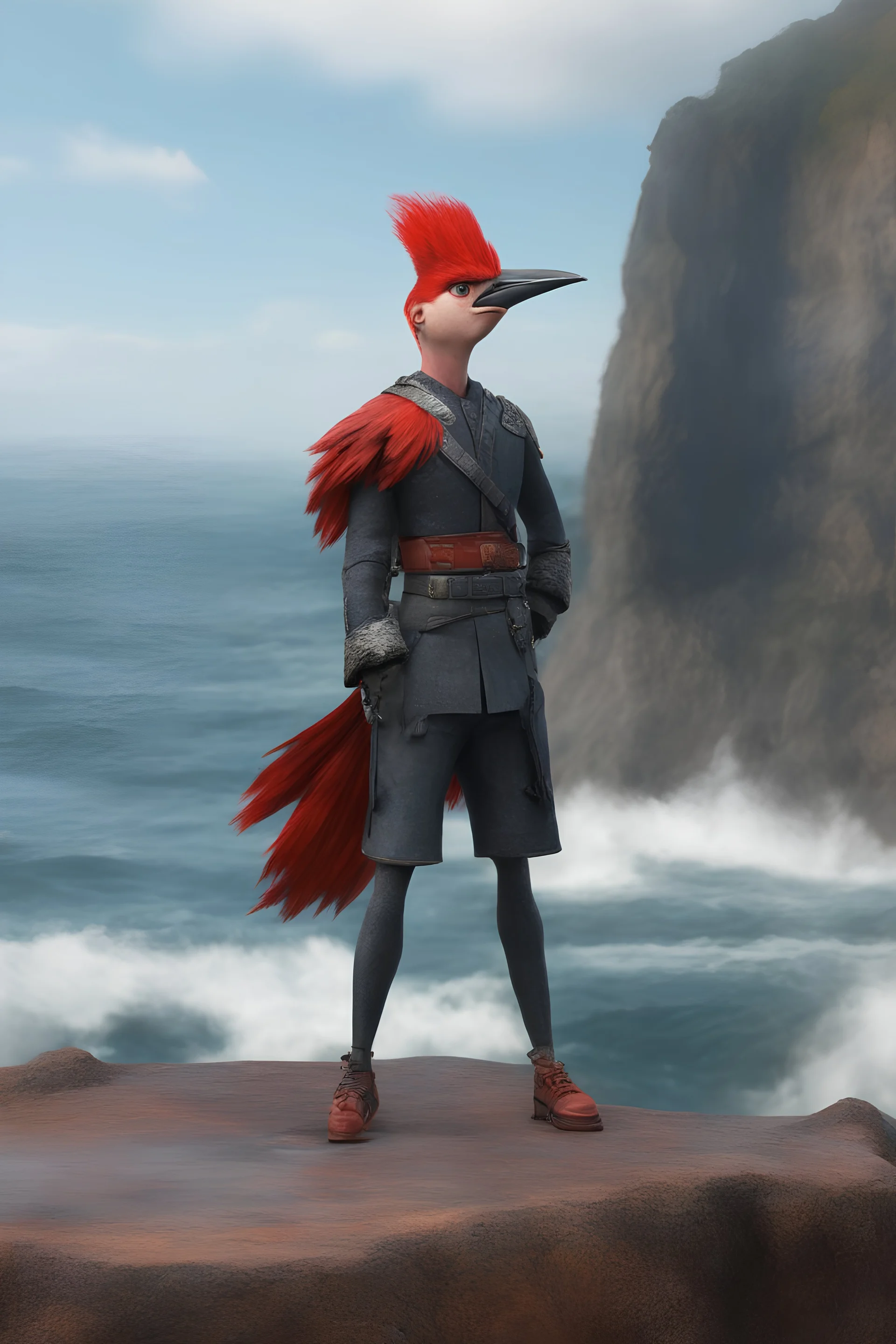 full body, head to toe, 3D, an anthropomorphic woodpecker named Steve, with short, pixie-cut, (((red hair))) tapered on the sides - full color - 32k, UHD, 1080p, 8 x 10, glossy professional quality digital photograph - raging sea and mountains and a ship in the background, historic, powerful, exquisite detail, sharp - focus, ((skin details, high detailed skin texture))