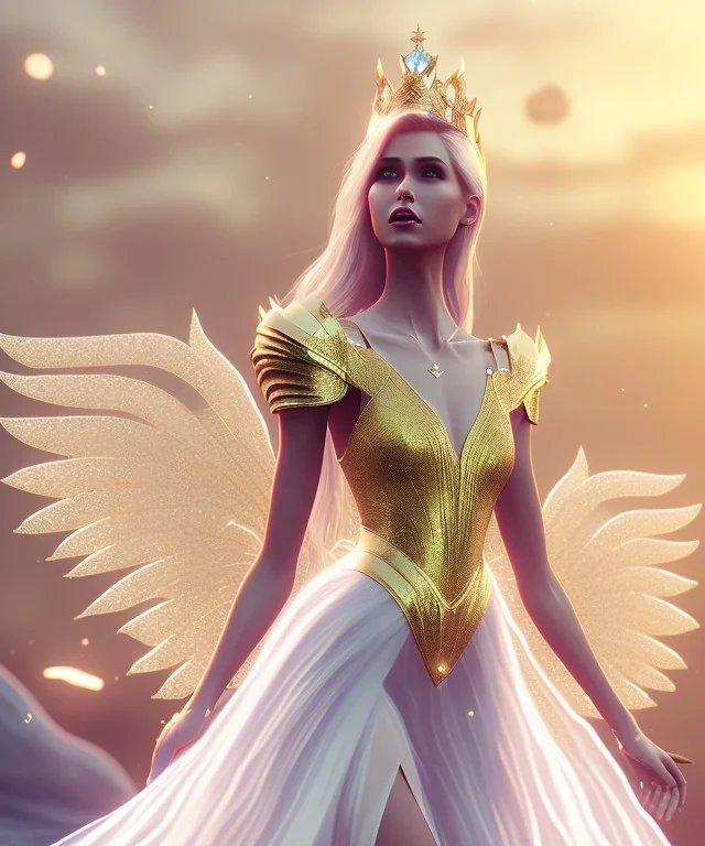 A crystalised queen, atmospheric, realistic, unreal engine, cinematic lighting, octane render, transparent long dress, blonde, full body, bright wings, smile, long hair