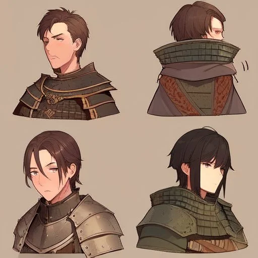 A shy and awkward young man in medieval iron armor with short brown hair