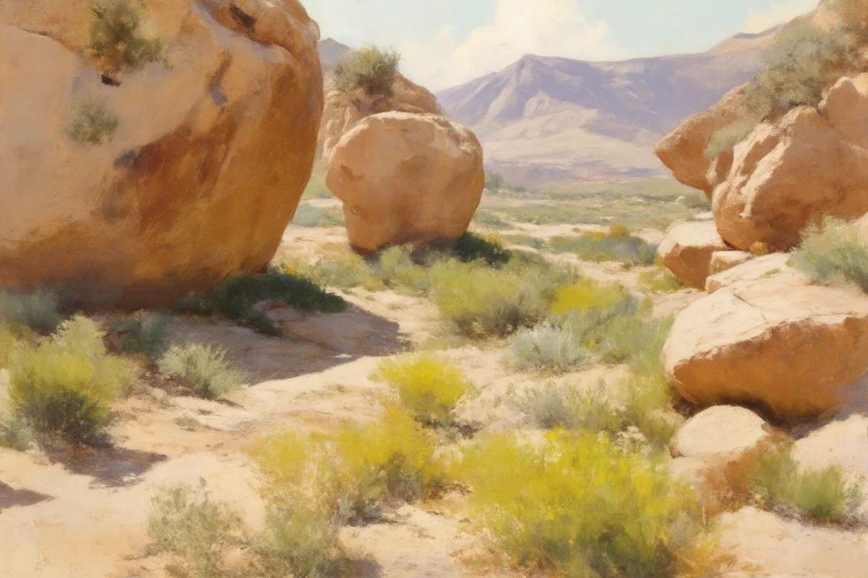 Sunny day, rocks, big rocks, vegetations, distant mountains, sci-fi, willem maris, and alfred stevens paintings