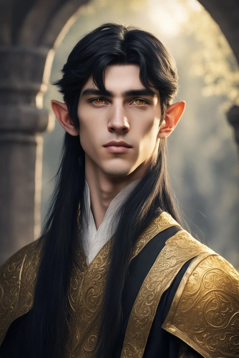 young male elven of seventeen years old, golden eyes and straight black hair, dressed in ancient cloth