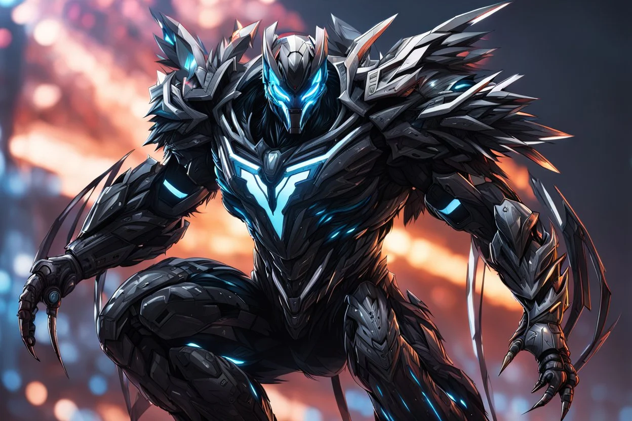 Cyber Machine symbiote in 8k anime realistic drawing style, volibear, thunder, neon effect, close picture, snow, black wings, apocalypse, intricate details, highly detailed, high details, detailed portrait, masterpiece,ultra detailed, ultra quality