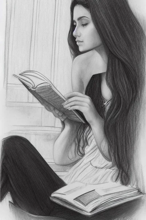 Pencil sketch of Young woman, Arab features,sad, long wavy hair, reading a book, full body، on lined paper