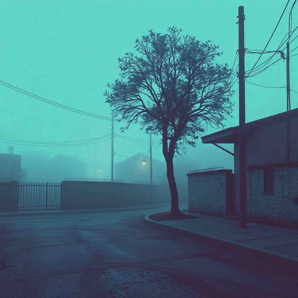 A schematic, nostalgic, cupo horror vaporwave-style image of a dimly lit, foggy street in the outskirts with a pastel blue and brown color scheme. The street has a textured, rough surface. There is a tree in the corner. The background contains a few buildings. The overall atmosphere is eerie and foggy.