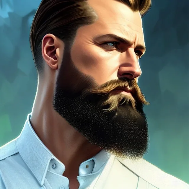 "MIddle aged white human male, with a trimmed but uneven beard, piercing green eyes with slick back hair,complete head and shoulders portrait, 8k resolution concept art portrait by Greg Rutkowski, Artgerm, WLOP, Alphonse Mucha dynamic lighting hyperdetailed intricately detailed Splash art trending on Artstation triadic colors Unreal Engine 5 volumetric lighting Splash art fantasy"