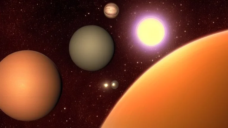 alien planet with several moons in deep space