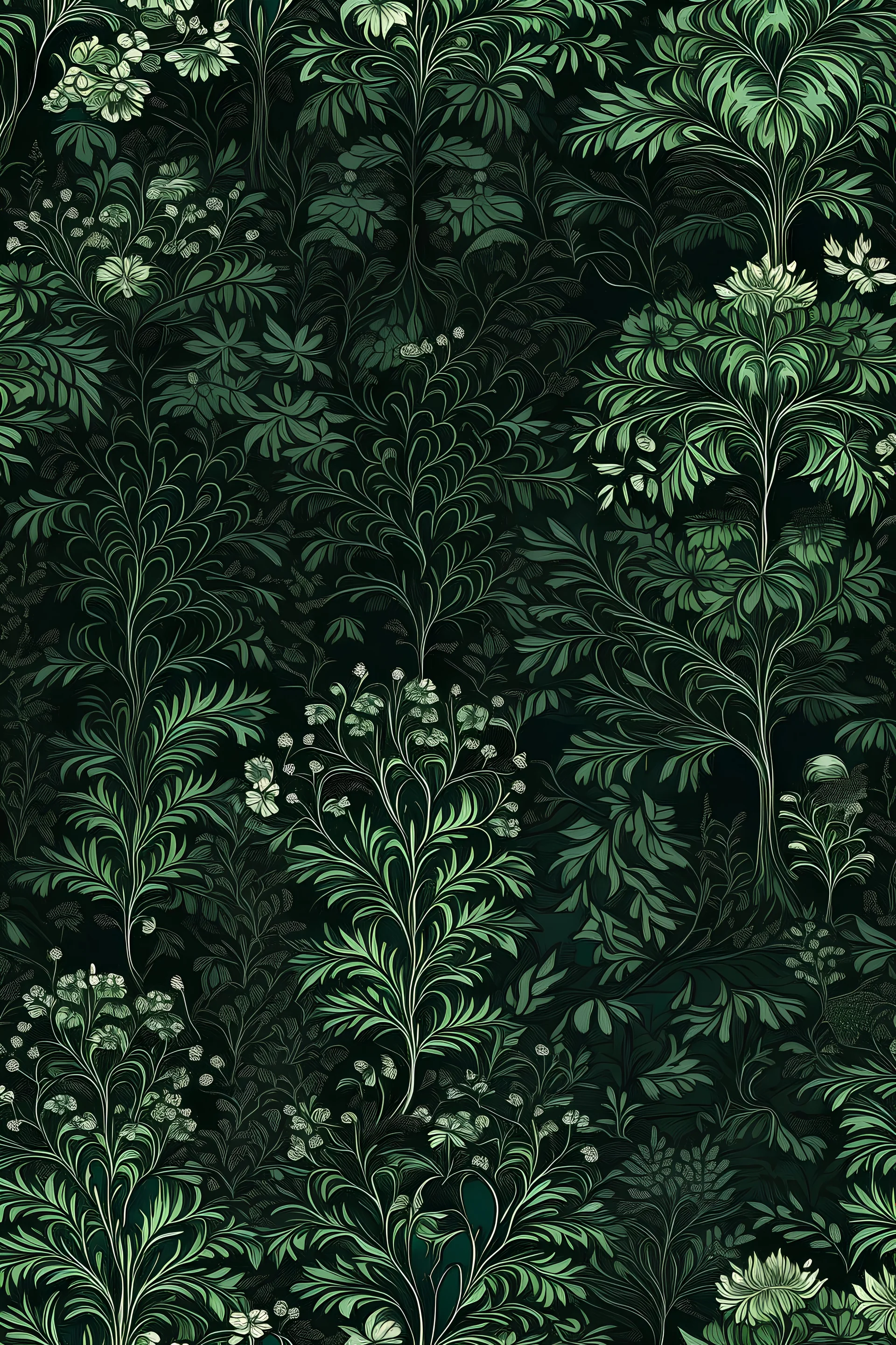 forest in green and gray on a black background in baroque style