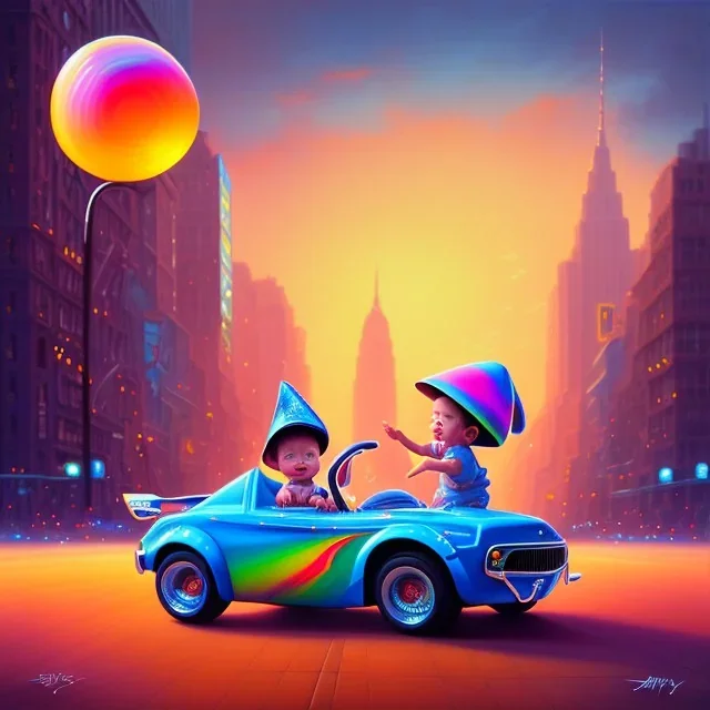 A one-year-old boy rides in the plastic funny toy-car on the middle of a busy street in new york. He has and a large-brimmed straw hat. somehow photographic bright colors and sunset, fantasy art, Anna Dittmann, digital painting, dan mumford, oil on canvas, jeff koons, akihito yoshida, wlop, kodachrome,