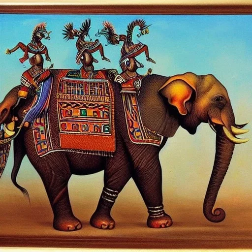 african tribal gods riding an indian elephant painting