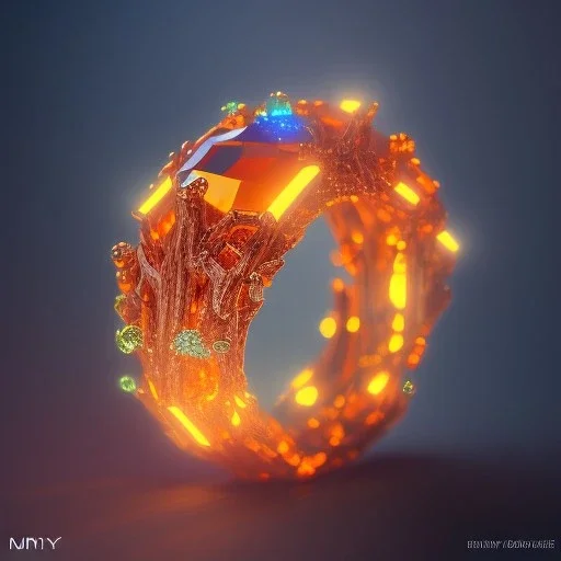 Ring made by wood roots and shreds of glass, orange diamonds sparkles, red rubi fragments around, blue lights reflexes, complex structure, gold details, intricate ring pattern,Unreal Engine 5, macro lens,sharp focus, realistic, hyper detailed, studio lighting, neon light ambient, cinematic