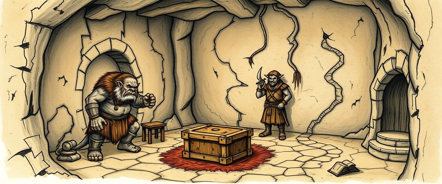 book illustration, artist drawn fantasy map of 4x4 meter room, with an ogre and an orc captain, and a chest under a table, the room is rough and cavelike, we also see winding paths around the room