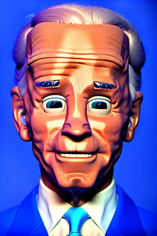 Waist up Portrait, joe Biden as muppet doll, Blue suit retro style, photo studio, blue background, unreal engine 5, concept art, art station, god lights, ray tracing, RTX, lumen lighting, ultra detail, volumetric lighting, 3d.