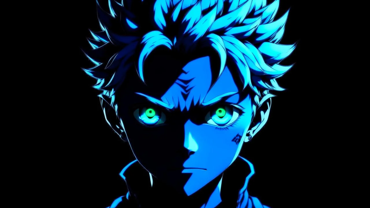 Satoru Gojo black background bright blue eyes