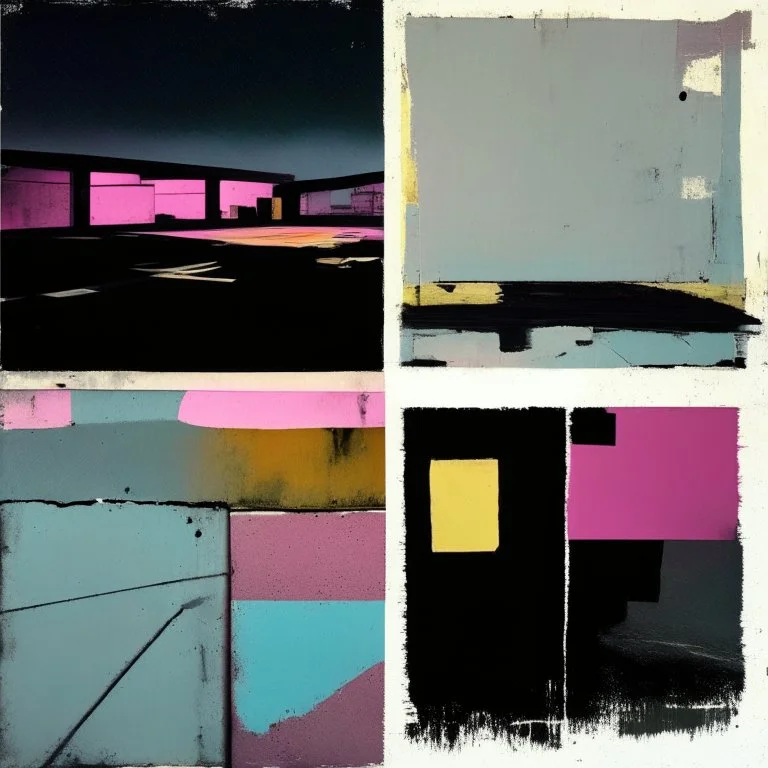 Minimal contemporary abstract oil paintings desolate 1960s carpark concrete fragments at dusk sunset. In the style of Justin Mortimer and Francis Bacon. road markings.