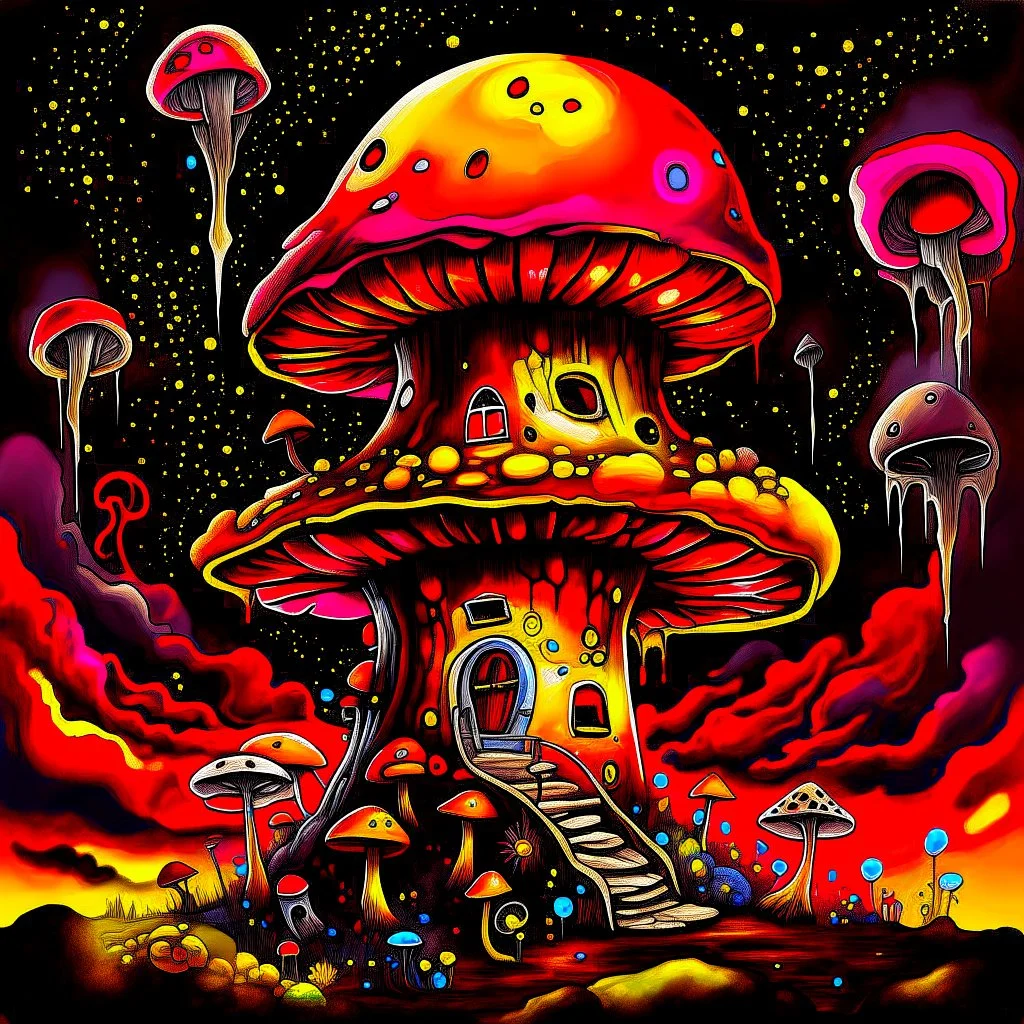 A fantabulous black, yellow, and red (((mushroom tower house))) erected atop a (geologic pillar), surrounded by the uncanny imaginative ((( swirling skies))), offset by the stark hues of a (neon-tinged nebulous space scape), within. captured by the hand a skilled master painter with a focus on (softly blurred compositions and voluminous lighting).