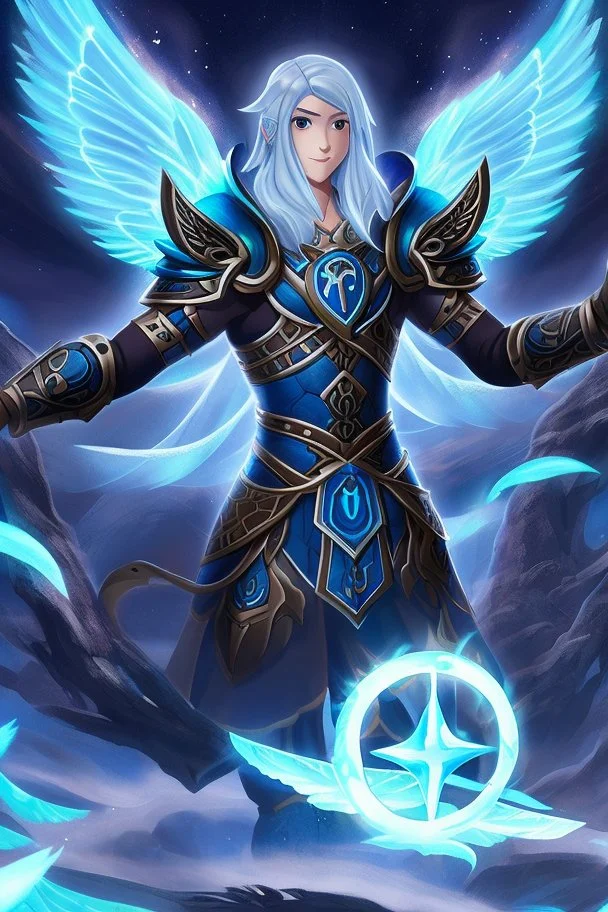 a person in runic armor with blue wings, blue short hair, runic tattoo and spell book, male