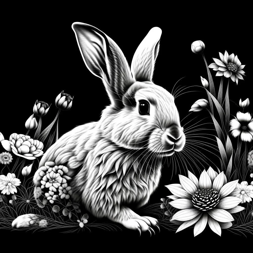 a beautiful rabbit between clear seeds and big flowers black background .black and white colors. for coloring . with grayscale