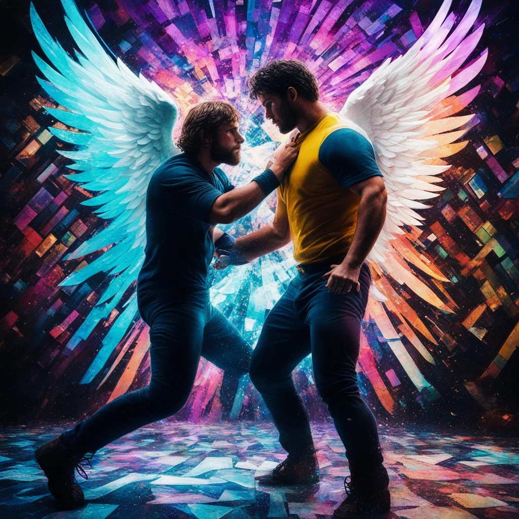 [Shattered high res photo by multiple contrasts psychedelic pixels , distorted colours, double exposed] Jacob wrestling with angel
