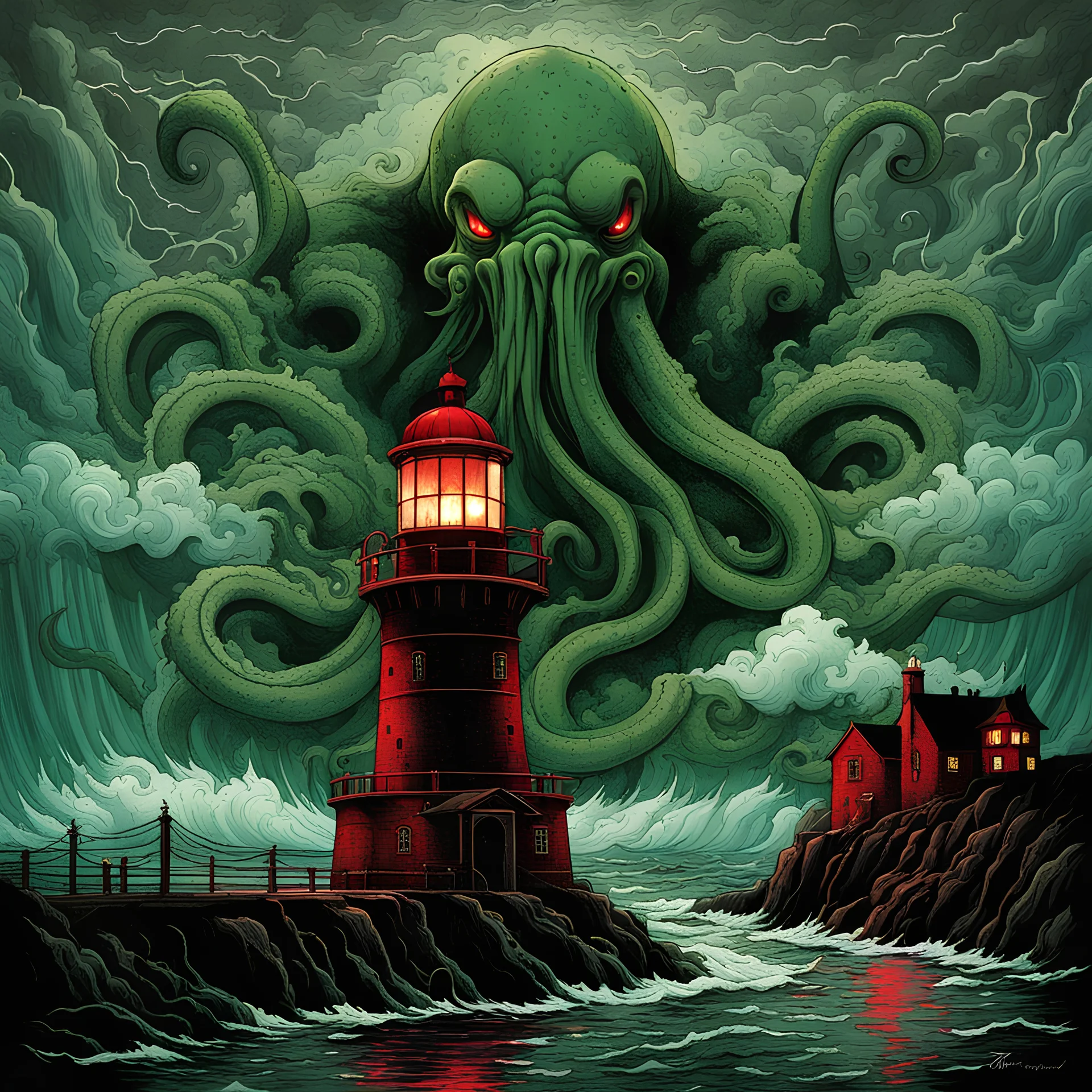 color Ink illustration by Phillipe Druilett, heavily inspired by the unsettling symbolism of Virgil Finday and Alexander Jansson, depicting massive Cthulhu rising over a lighthouse in a driving rainstorm, red and dark_green and black color scheme dominating the artwork, grim narrative, smooth illustration, chilling Eldritch motifs, UV reactive color slashes, textured surface, ominous representation, unsettling.