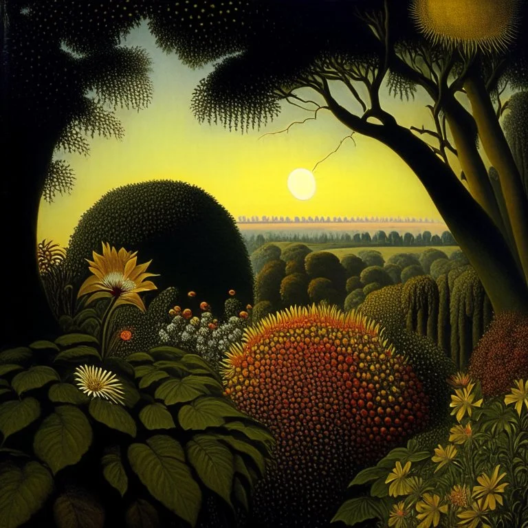 High definition photography of a marvelous landscape, trees, flowers, sun, intricate, atmosphere of a Max Ernst painting, Henri Rousseau, thoughtful, interesting, a bit appalling, smooth