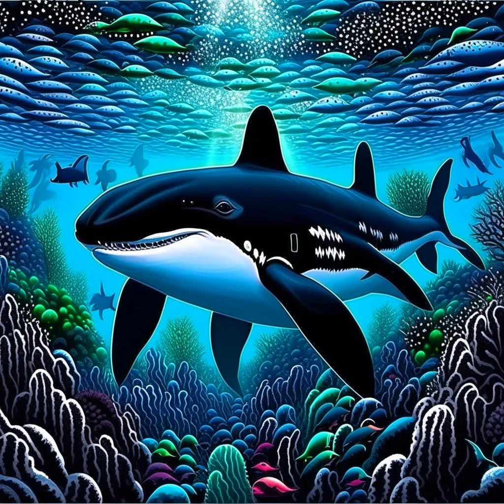 a very detailed orca in the ocean surrounded by a school of little fishes. Realistic, underwater world, enchanting, dangerous.