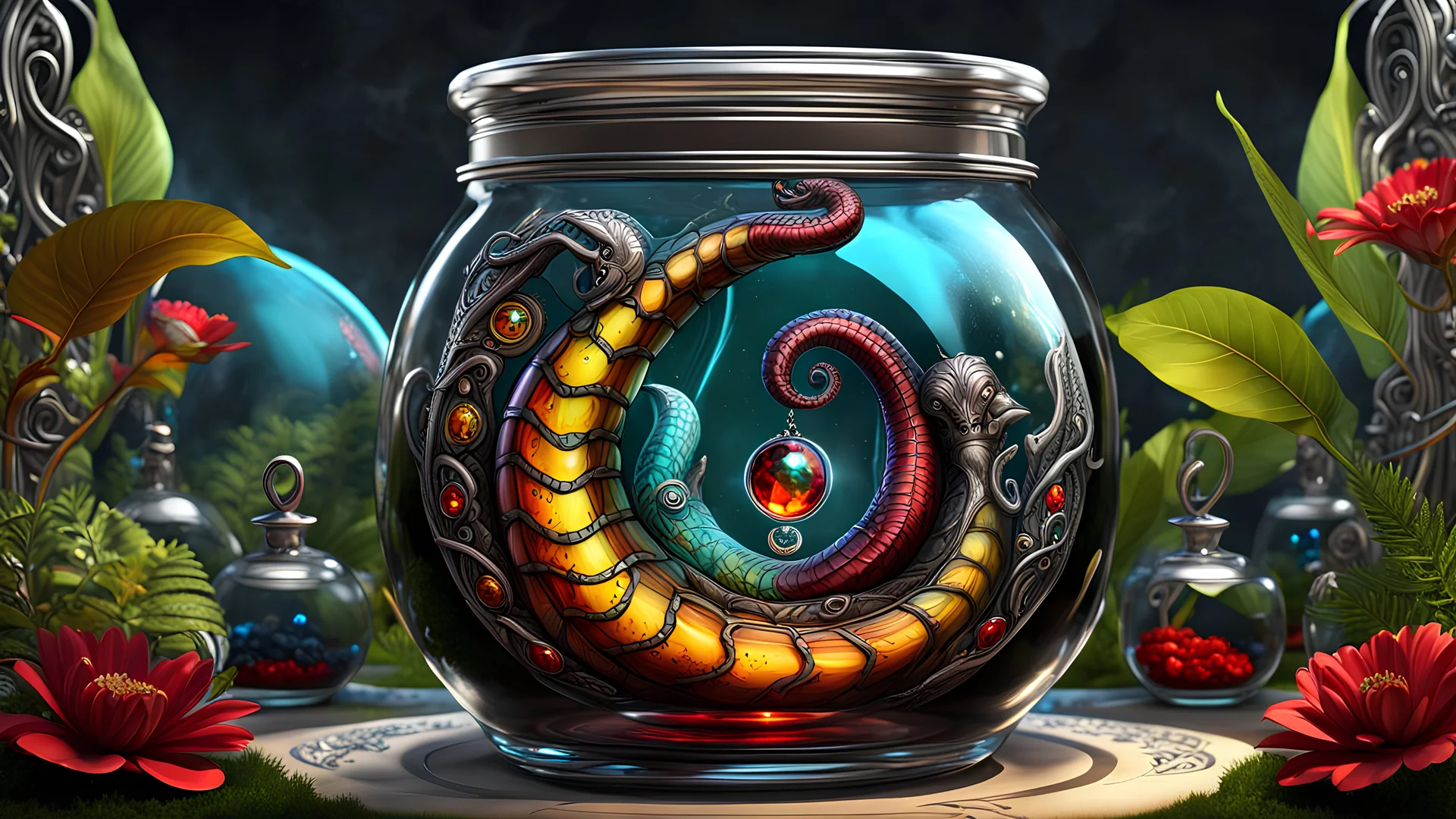 ancient shiny Dark fantasy alien serpent embryo in a glass specimen jar, garden landscape, silver filigree edges, bold lines, vivid tattoo ink, shiny glass jewels, bold (colorful hieroglyphs) cartouche, 16k resolution, epic, beautiful, masterpiece, trending on Artstation, deviantArt, ultra detailed, sharp focus, red yellow and black, deep color, vibrant, wet, gloss