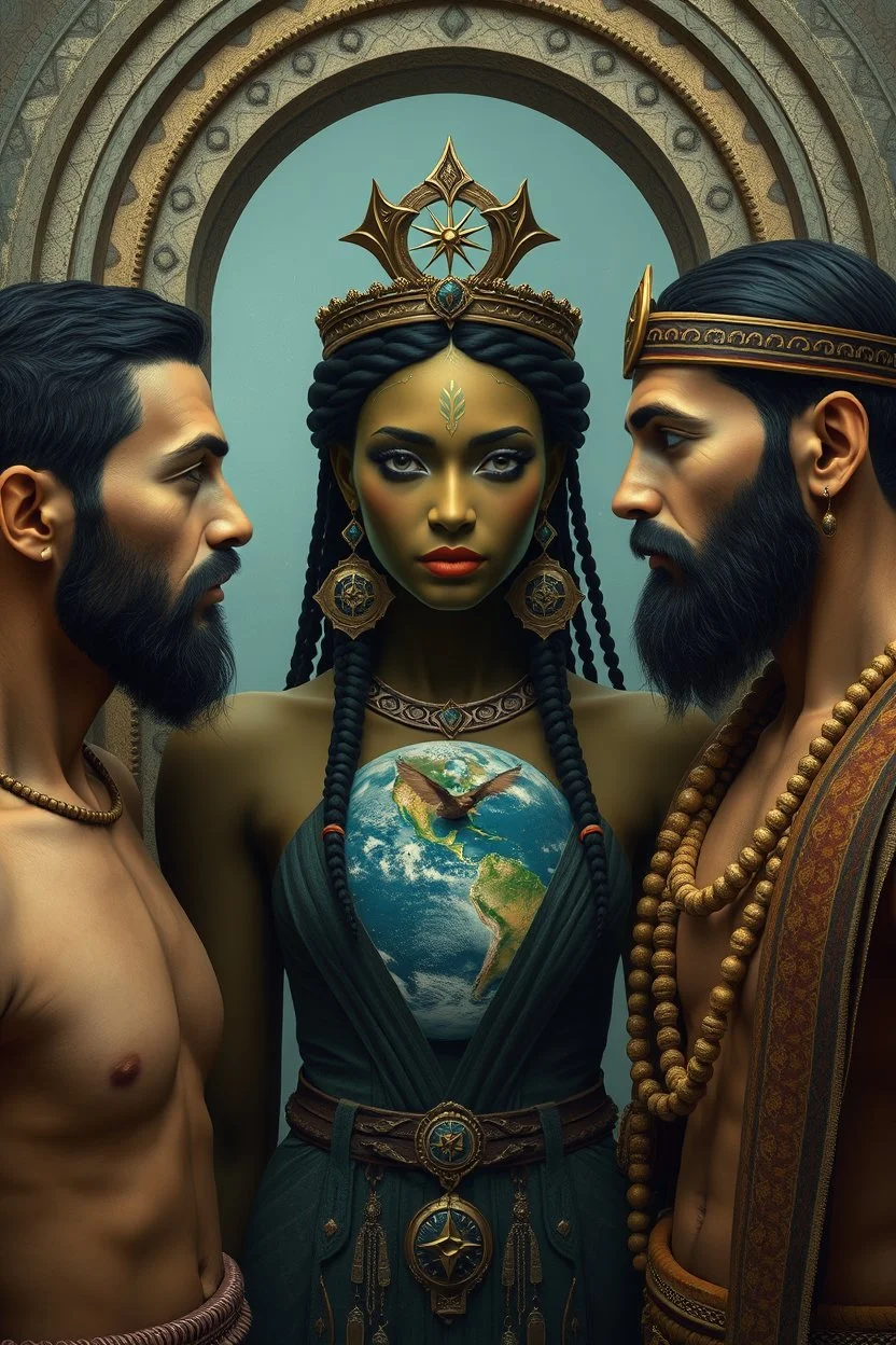 Two men and one earth genasi woman pretty with a crown close to spaceship open door