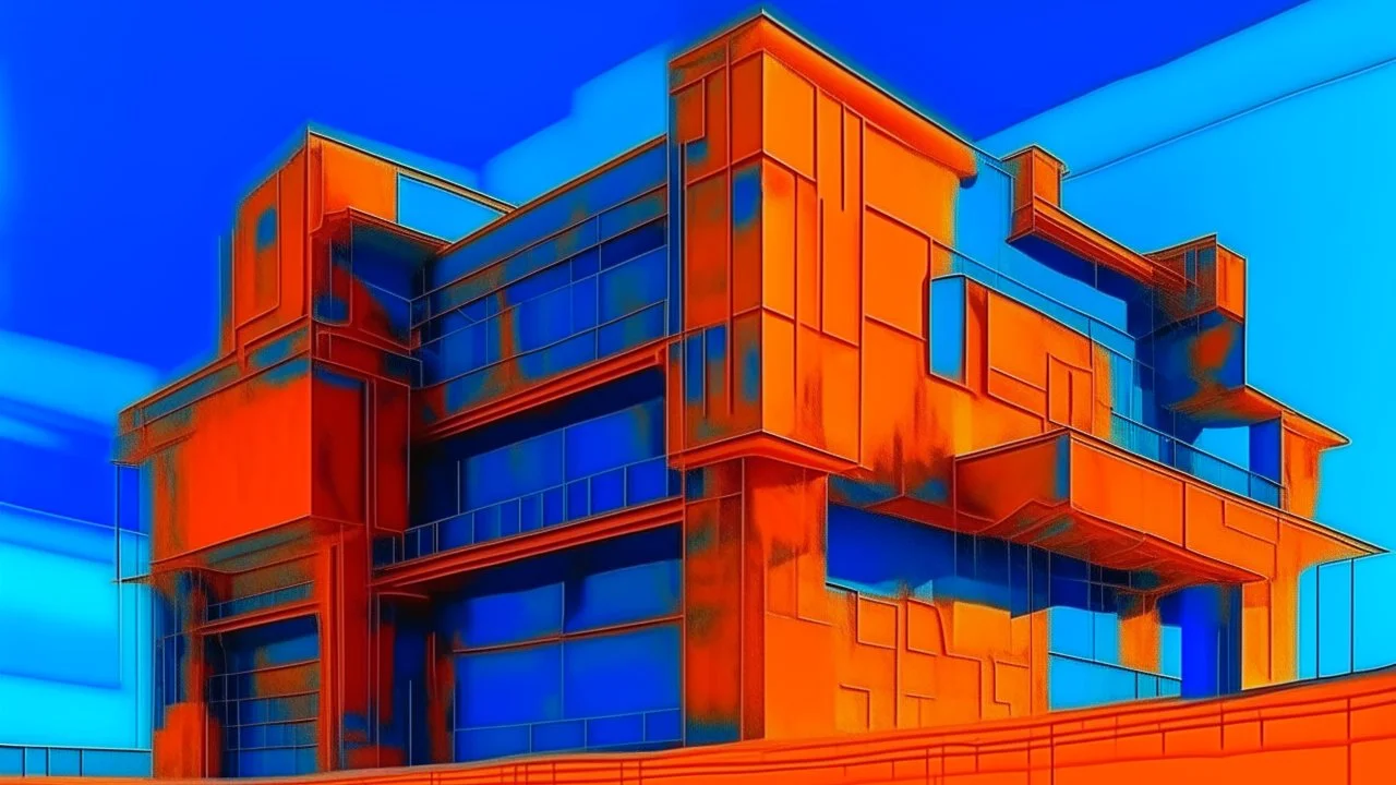 cyberpunk, A modern abstract building with bold orange and blue geometric shapes against a blue sky background, vaporwave, neon colors, science fiction, detailed scene