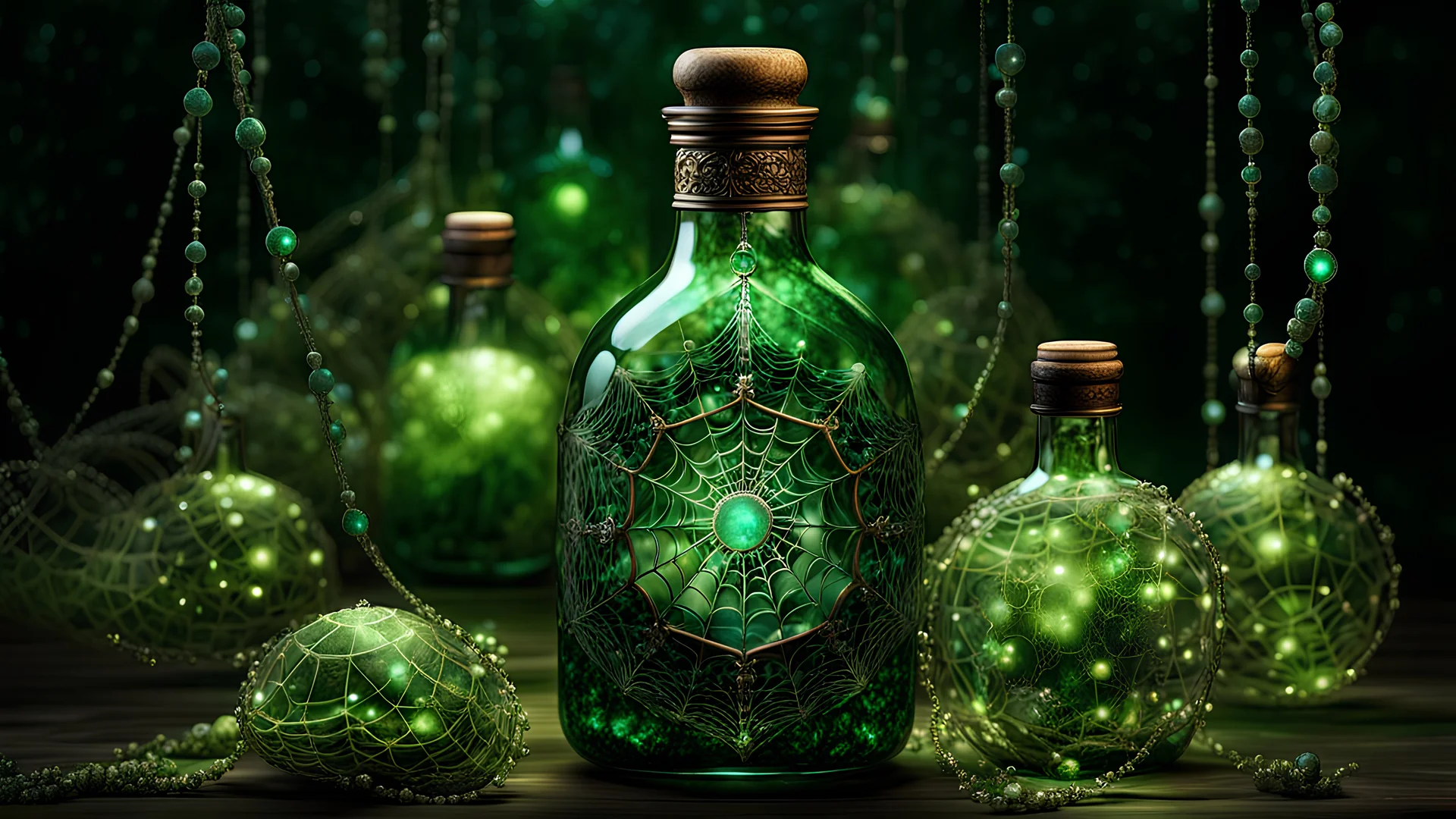 Complex 3D rendering of a vintage glass bottle with a microscopic emerald spider and luminescent web inside, the bottle adorned with detailed webbing scrollwork and glittering spores, dark tones, shimmering moss, vintage atmosphere, illuminated webbed dark fantasy background, abstract, hanging webs, intricate 3D design, dim volumetric lighting, intricate web details, Unreal Engine, creative, ultra-detailed, colorful, digital art, HW