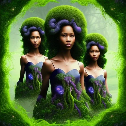 photo. .three women. A mother. Two daughter. Twins. A mother with her children. three young black women. wood nymphs emerging from the forest. Her hair looks like vines. Dreadlocs. Her skin is the colour of dark soil. Her skin looks like tree bark. Her clothing is made of vines, grass and leaves.