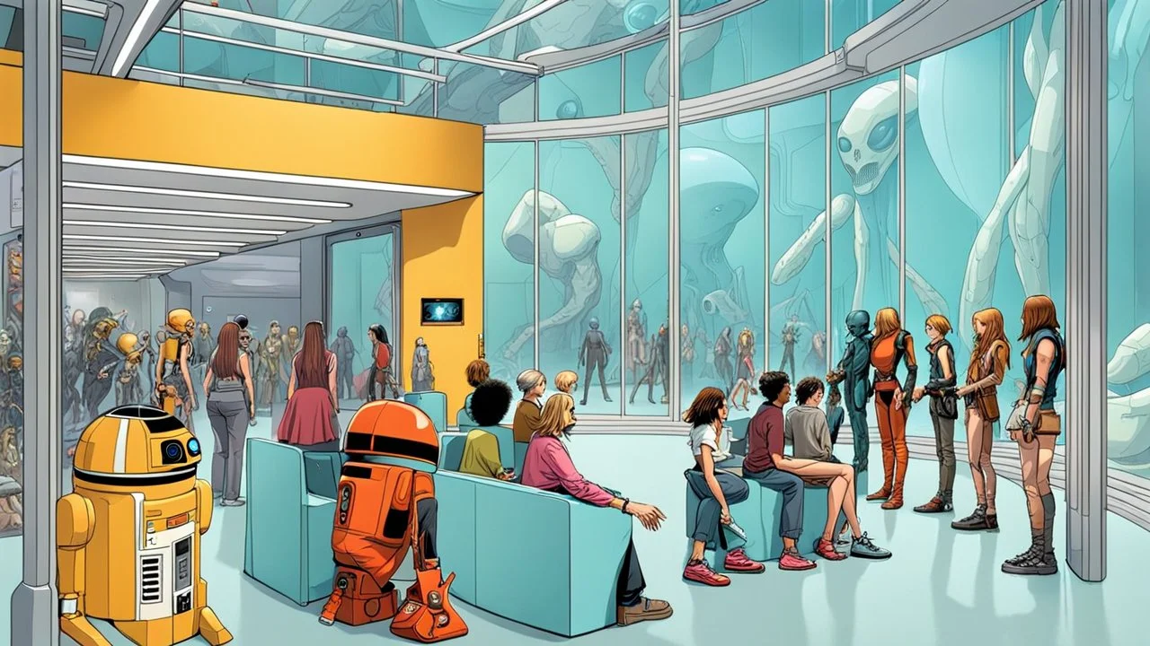 photo from the futuristic waiting room of a studio, a large crowd waits in front of a giant glass door, aliens of all sizes, colors, and looks, droids, mutant girls, strange fantastical creatures, and a few human-like beings linger in the crowd. high detalied, sharp focus, photorealistic style, natural lights